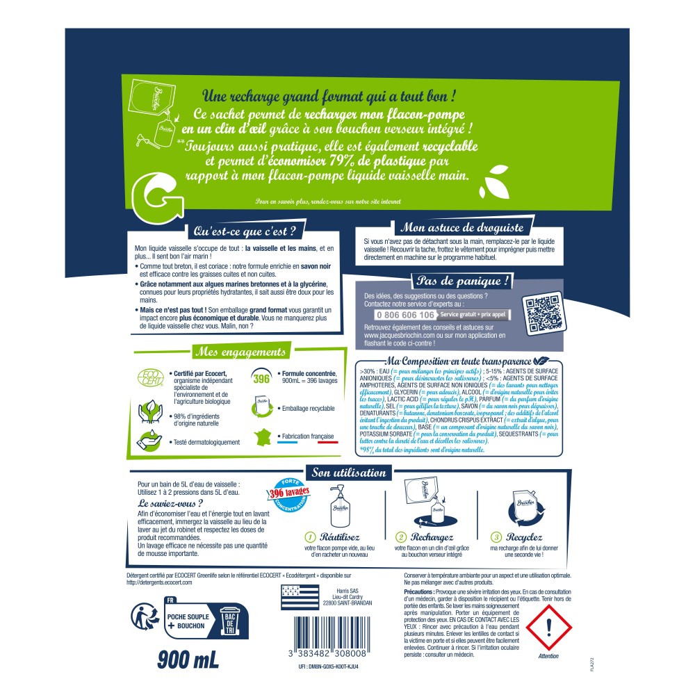 Acheter GRAND FORMAT - Recharge Liquide Vaisselle Mains Savon noir & Algues Marines Ecocert