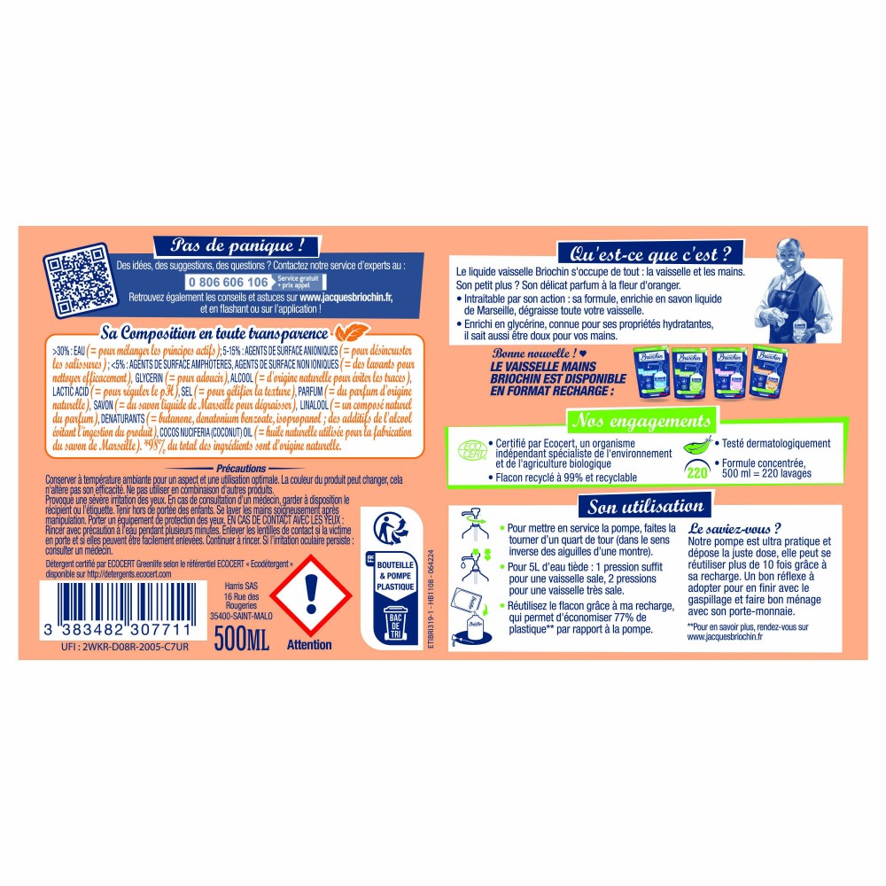 Acheter Liquide Vaisselle Mains Savon de Marseille & fleur d'oranger Ecocert